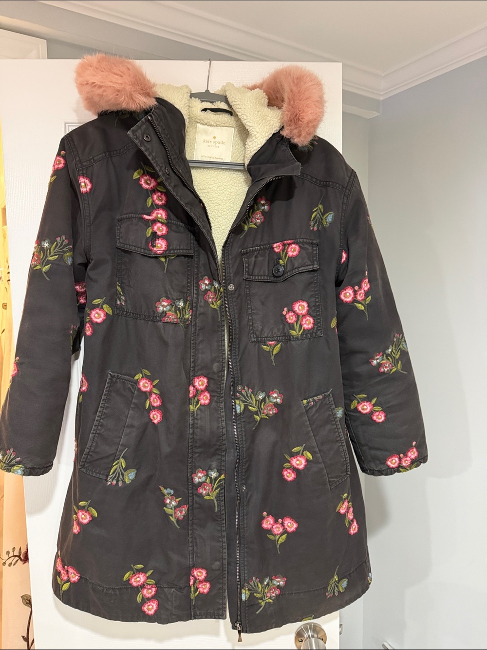 kate spade Black Floral Utility Jacket with Pink Faux-Fur Hood